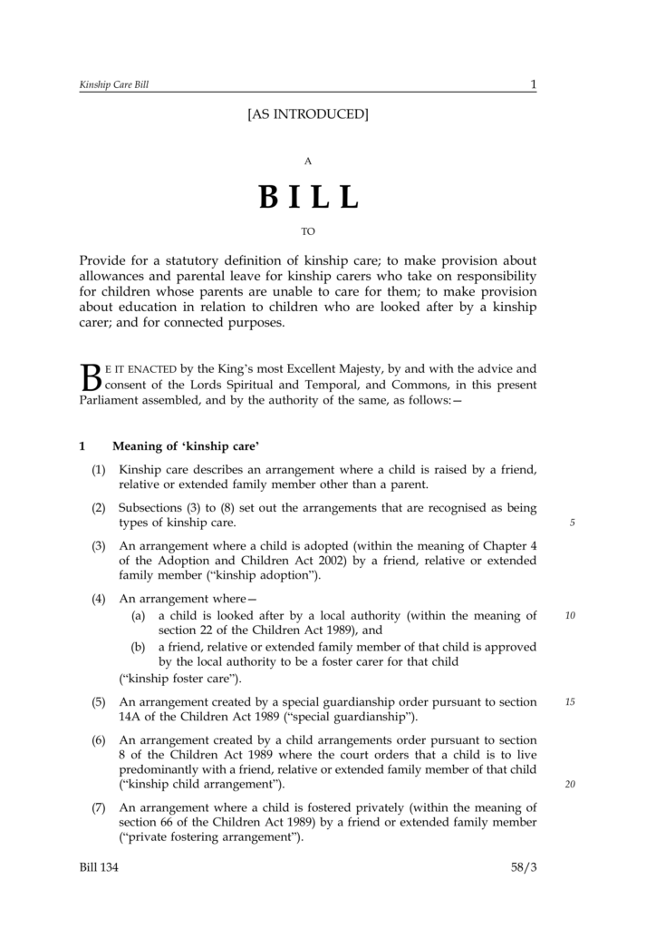 Title page of draft Kinship Care Bill