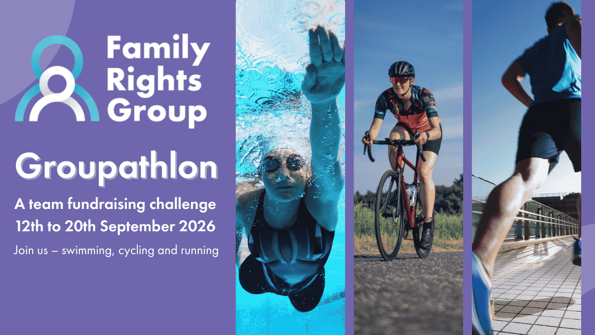 Promotional banner for Family Rights Group’s “Groupathlon” fundraising challenge. On a purple background, the Family Rights Group logo appears beside the text: “Groupathlon,” “A team fundraising challenge,” “12th to 20th September 2026,” and “Join us – swimming, cycling and running.” To the right, three vertical photo panels show a swimmer underwater reaching forward in a pool, a cyclist riding on a road, and a person running on a riverside path. The design uses purple, blue, and white branding colors.