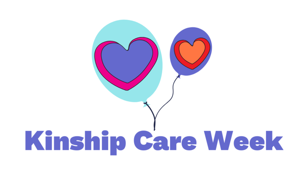 Kinship Care Week logo and balloons with hearts in them.