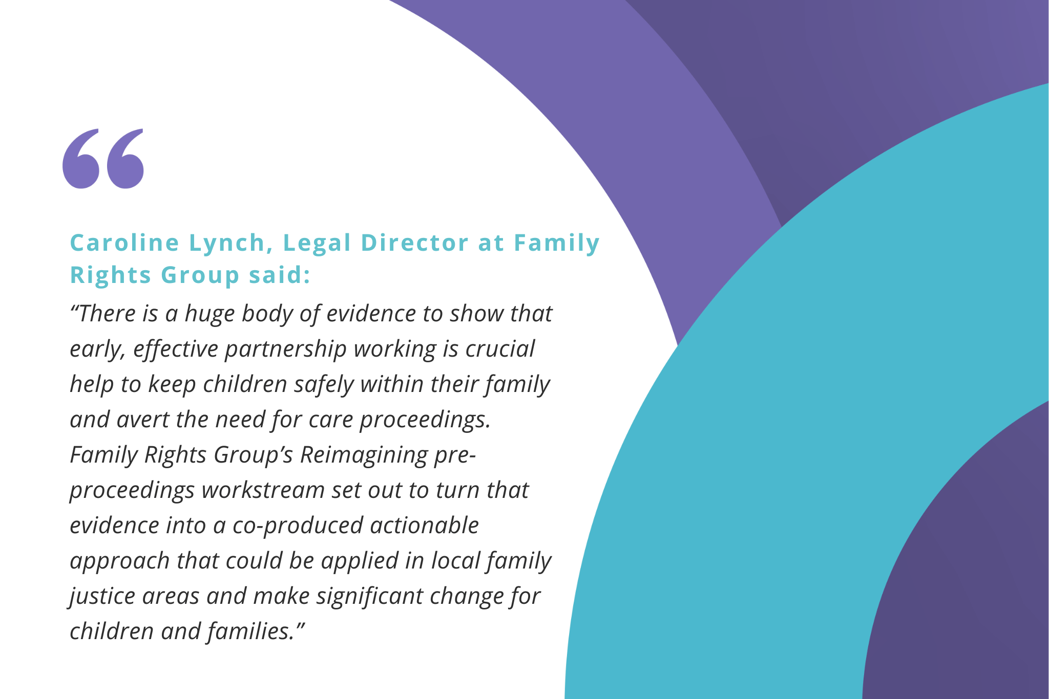 Graphic containing a quotation from Caroline Lynch, Legal Director at Family Rights Group. The quote reads: “There is a huge body of evidence to show that early, effective partnership working is crucial help to keep children safely within their family and avert the need for care proceedings. Family Rights Group’s Reimagining pre-proceedings workstream set out to turn that evidence into a co-produced actionable approach that could be applied in local family justice areas and make significant change for children and families.” Decorative purple and teal curved shapes surround the text.
